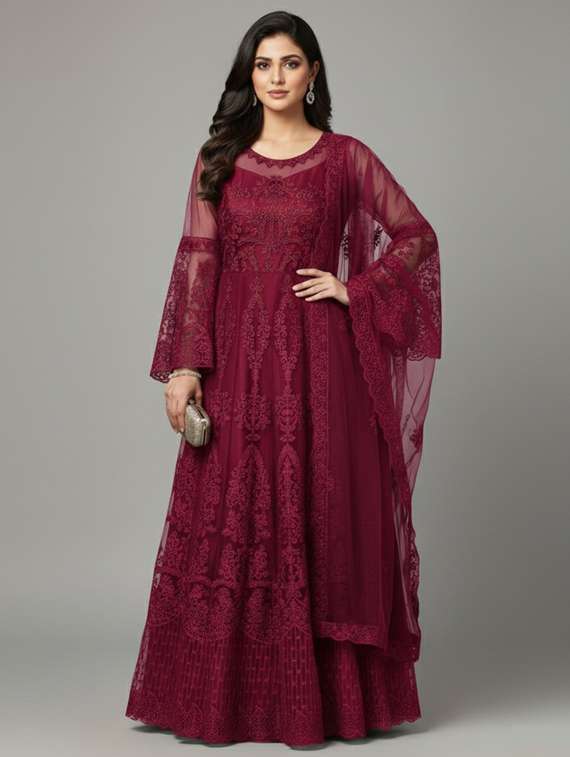 women solid with work semi-stitched gown with dupatta - 22393853 -  Standard Image - 3