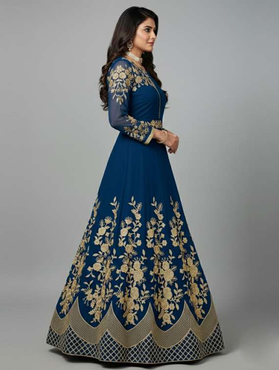 women solid with work semi-stitched gown  - 22393862 -  Standard Image - 3