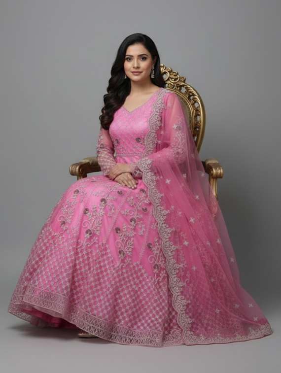 women solid with work semi-stitched gown with dupatta