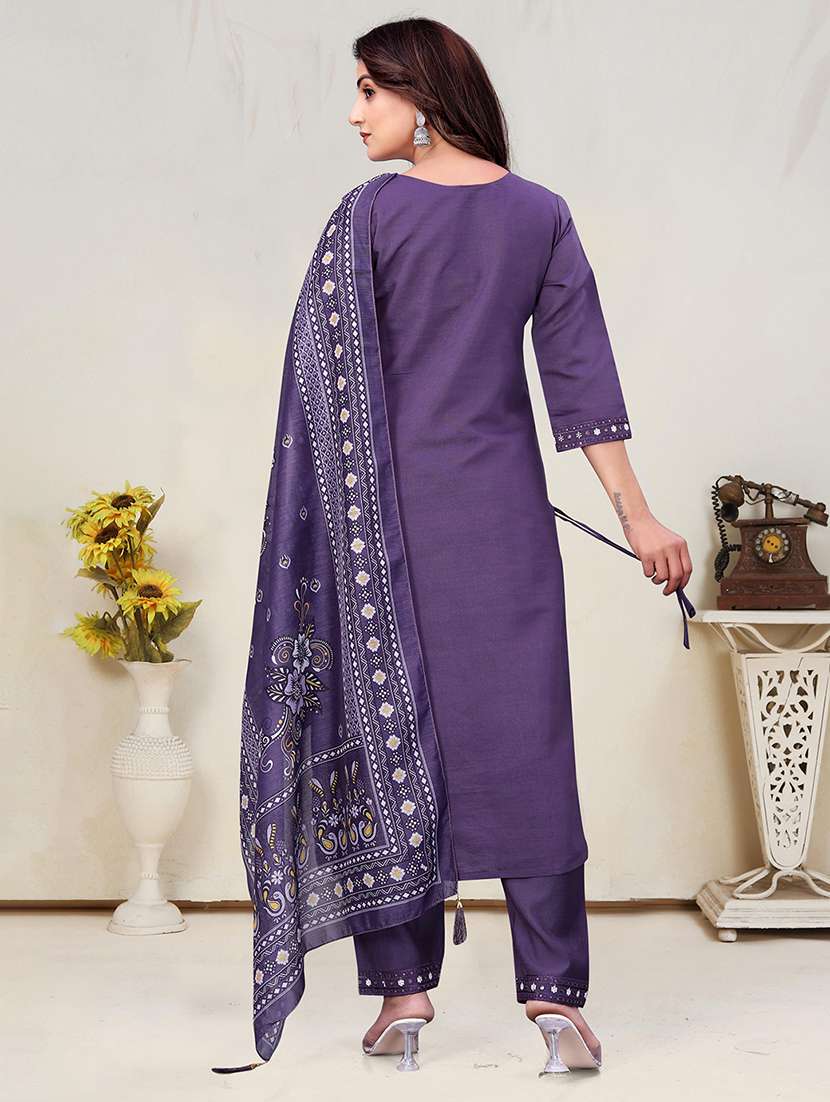 women solid with work three quarter sleeve kurta pant with dupatta set - 22393895 -  Standard Image - 3