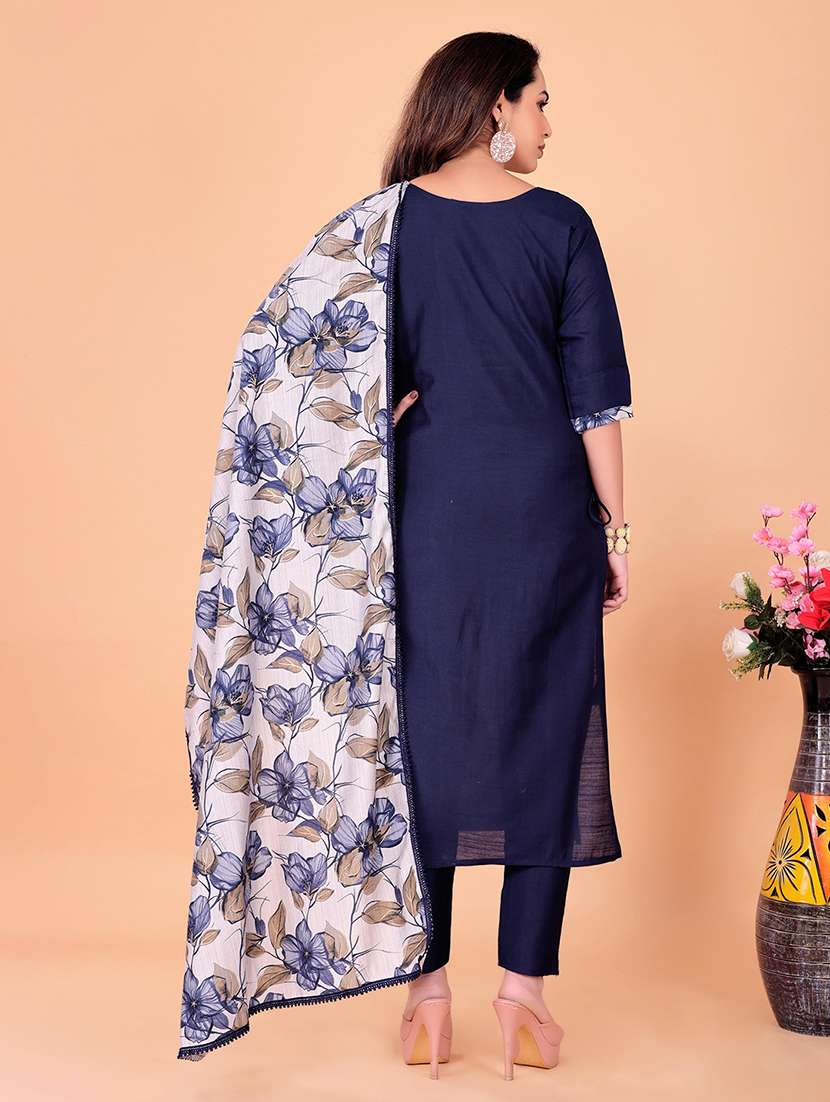 women solid with work three quarter sleeve kurta pant with dupatta set - 22393898 -  Standard Image - 3