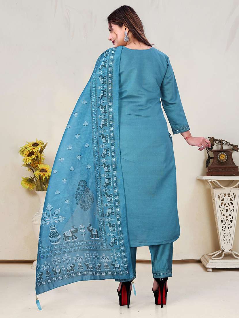 women solid with work three quarter sleeve kurta pant with dupatta set - 22393900 -  Standard Image - 3