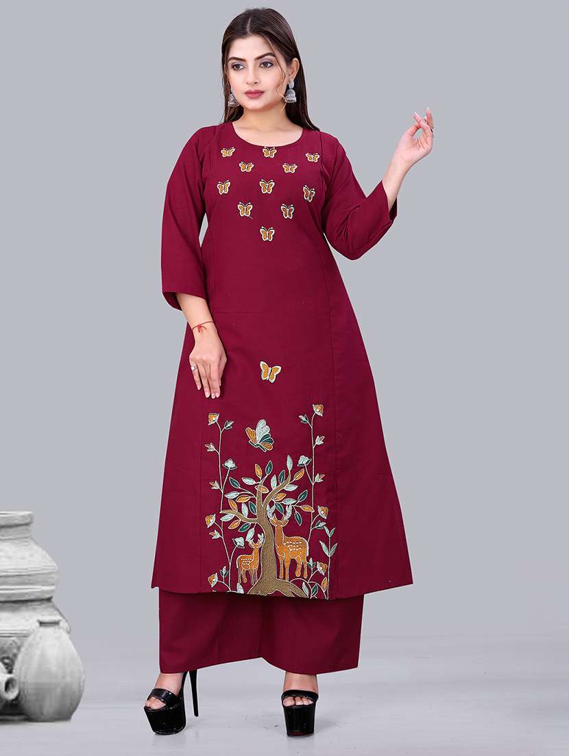 women embroidered kurta and palazzo set