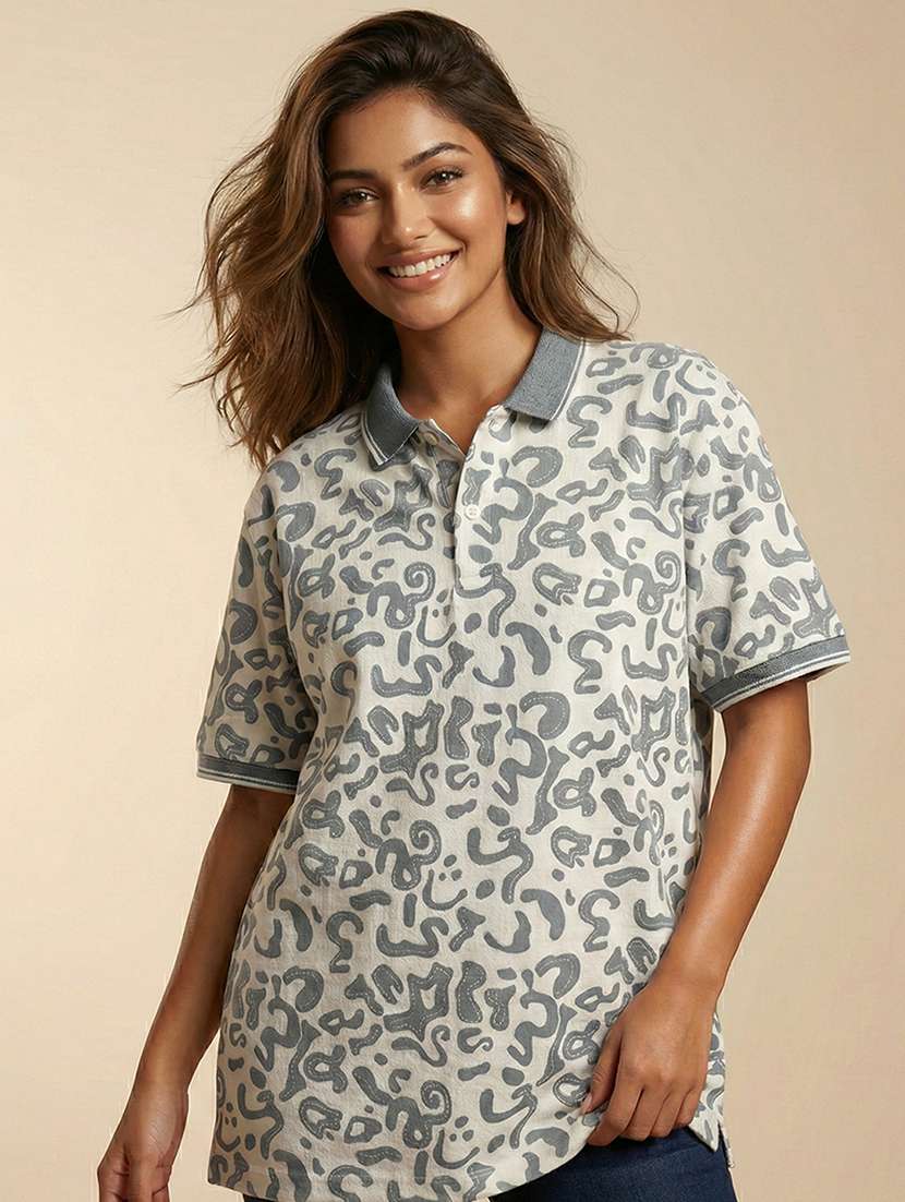 women printed short sleeve oversized polo t-shirt