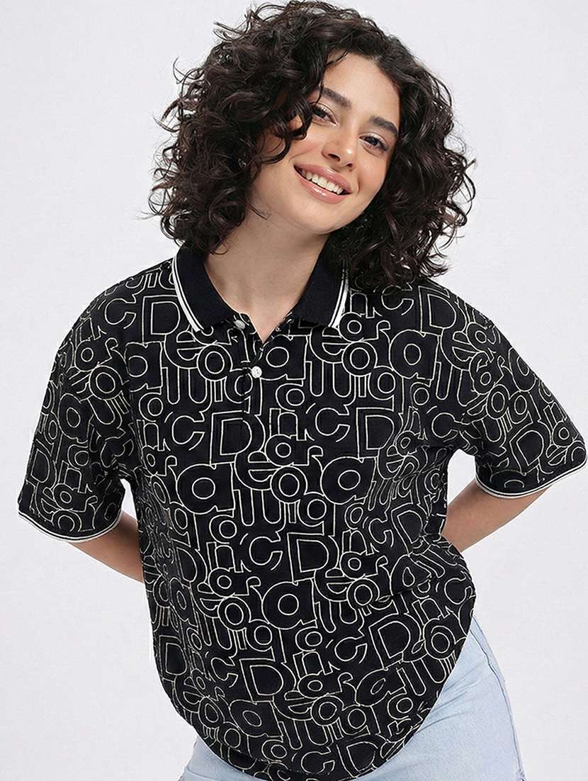 women printed short sleeve oversized polo t-shirt