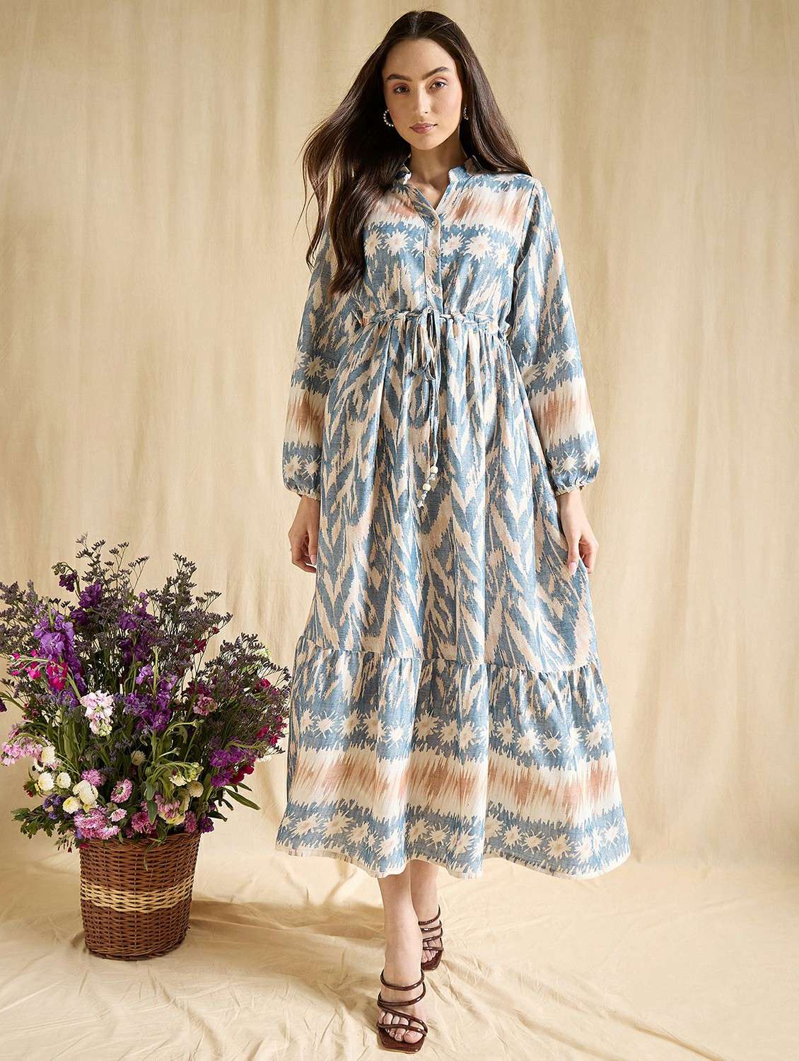 women printed long sleeve tiered dress