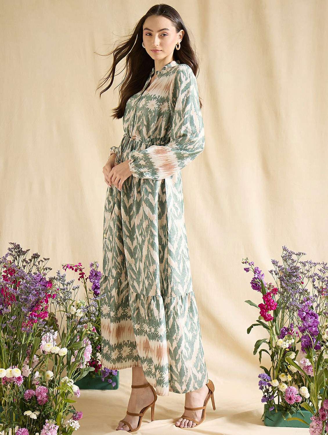 women printed long sleeve tiered dress - 22393994 -  Standard Image - 3