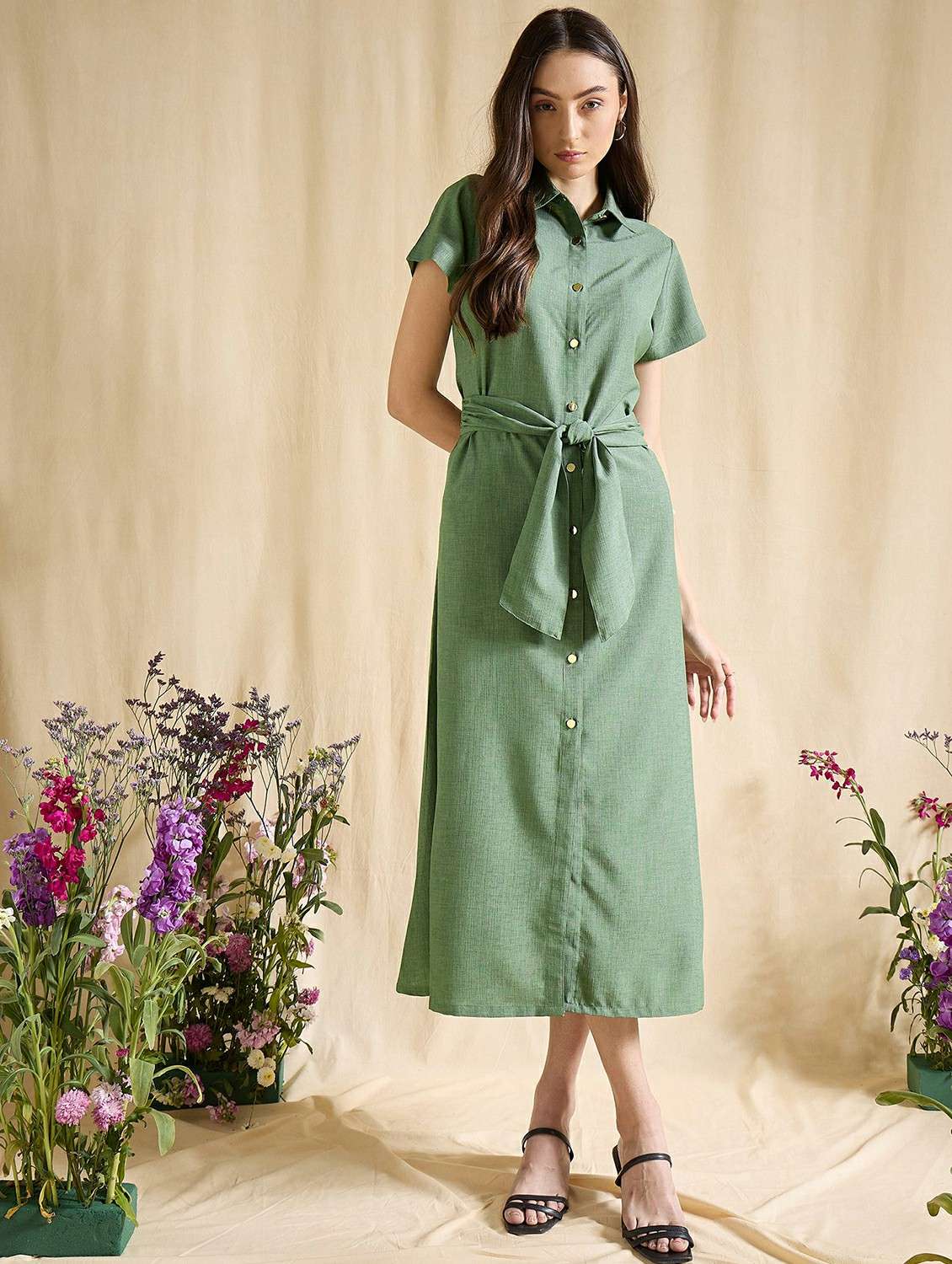 women solid short sleeve shirt dress - 22393996 -  Standard Image - 3