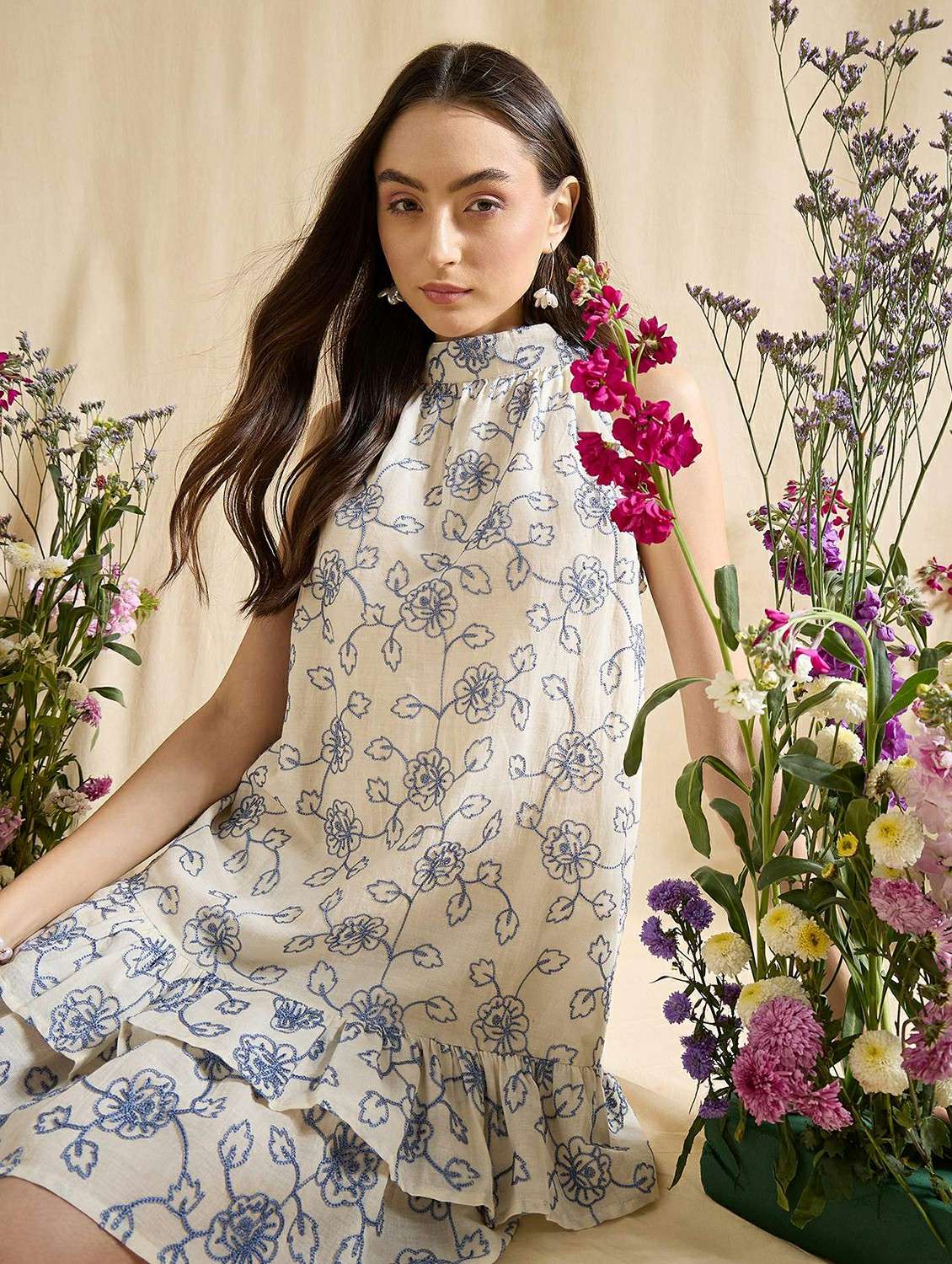 women embroidered sleeveless tiered dress