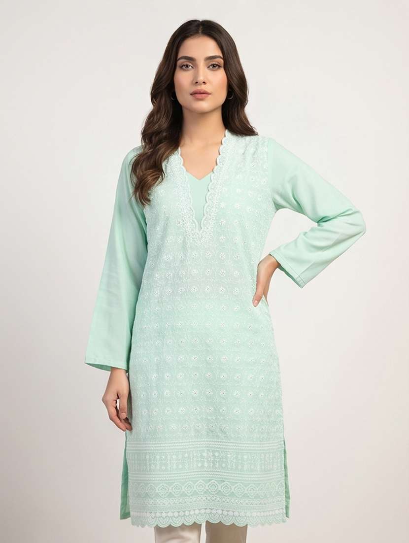 women embroidered long sleeves straight kurta