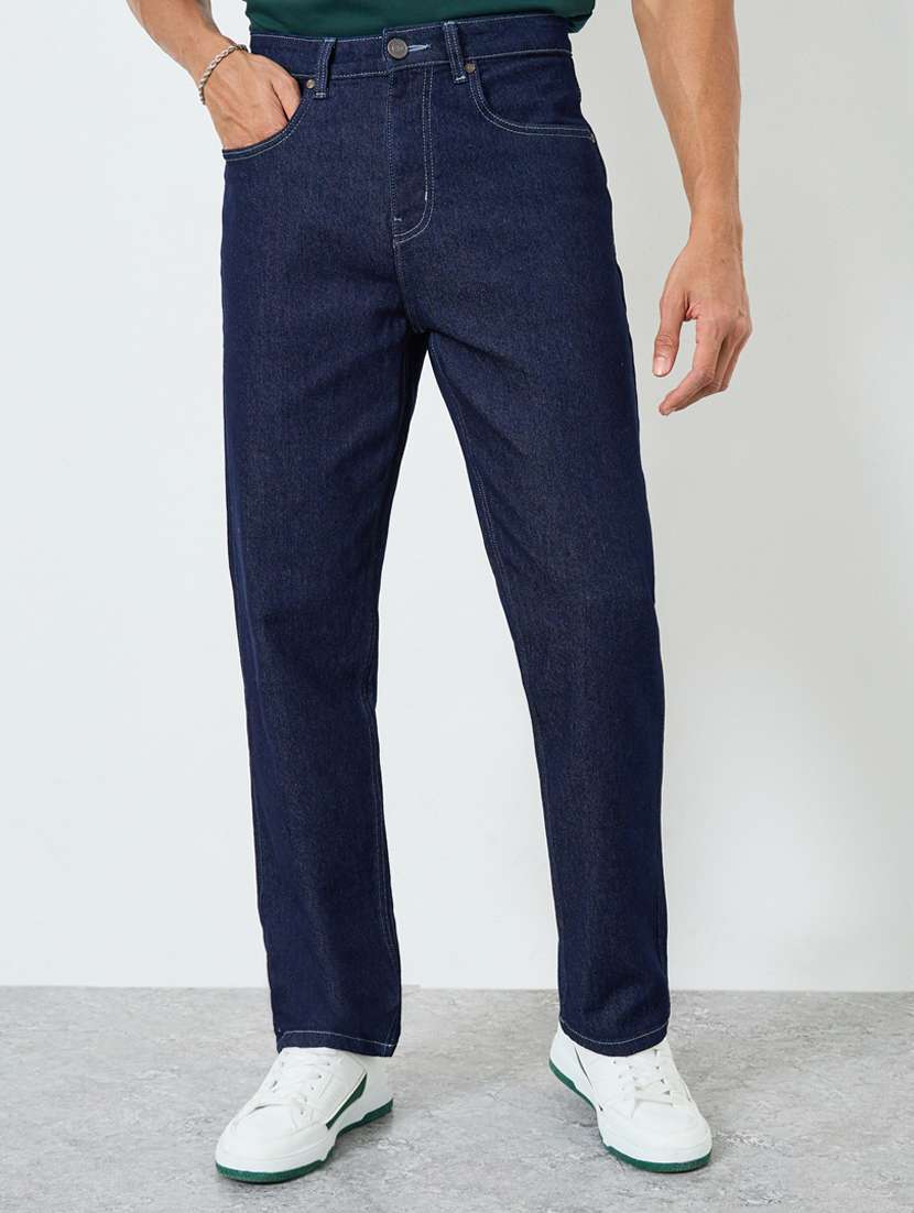 men plain mid rise full length jeans
