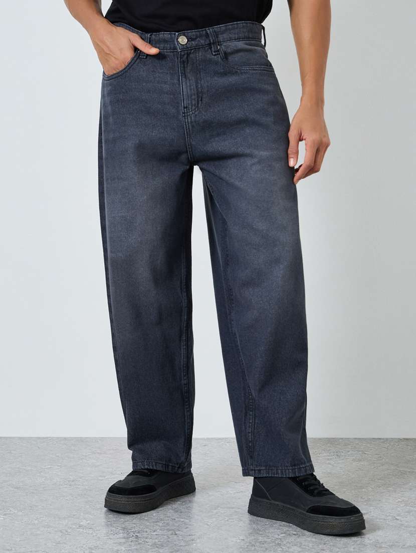 men washed mid rise full length baggy jeans