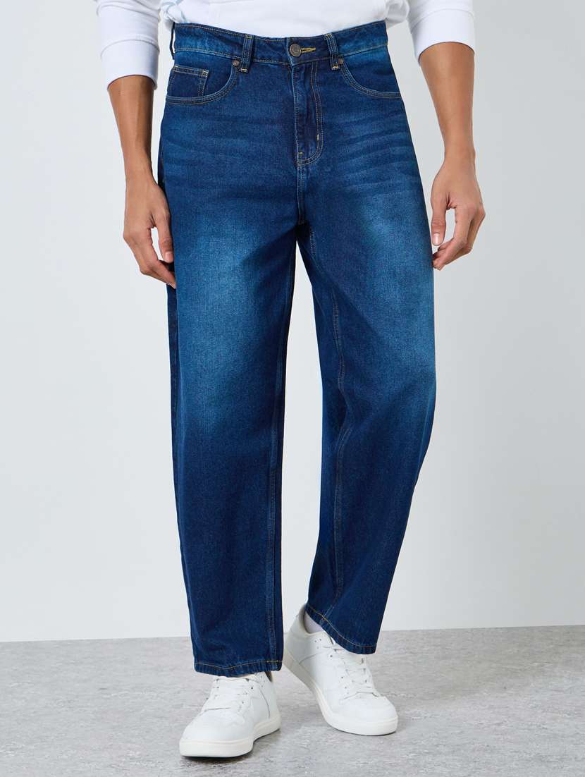 men washed mid rise full length straight jeans