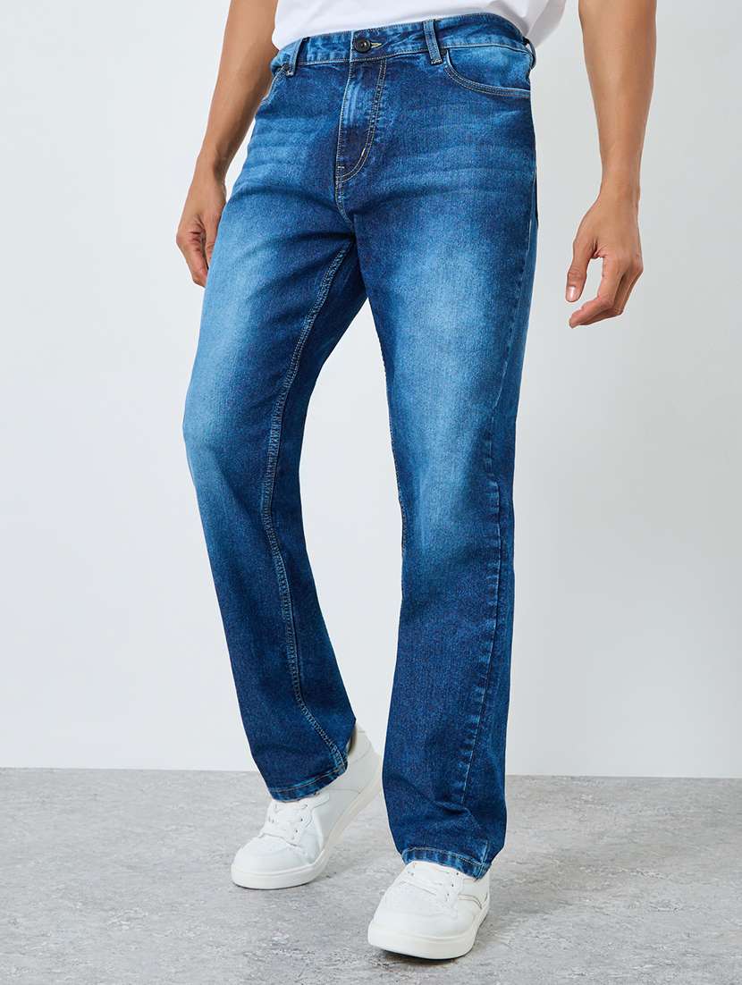 men washed mid rise full length straight jeans