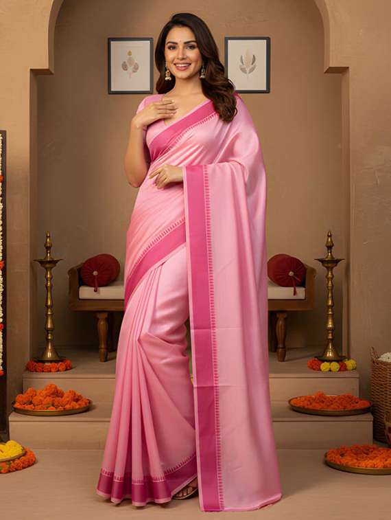 women solid with bordered saree with blouse