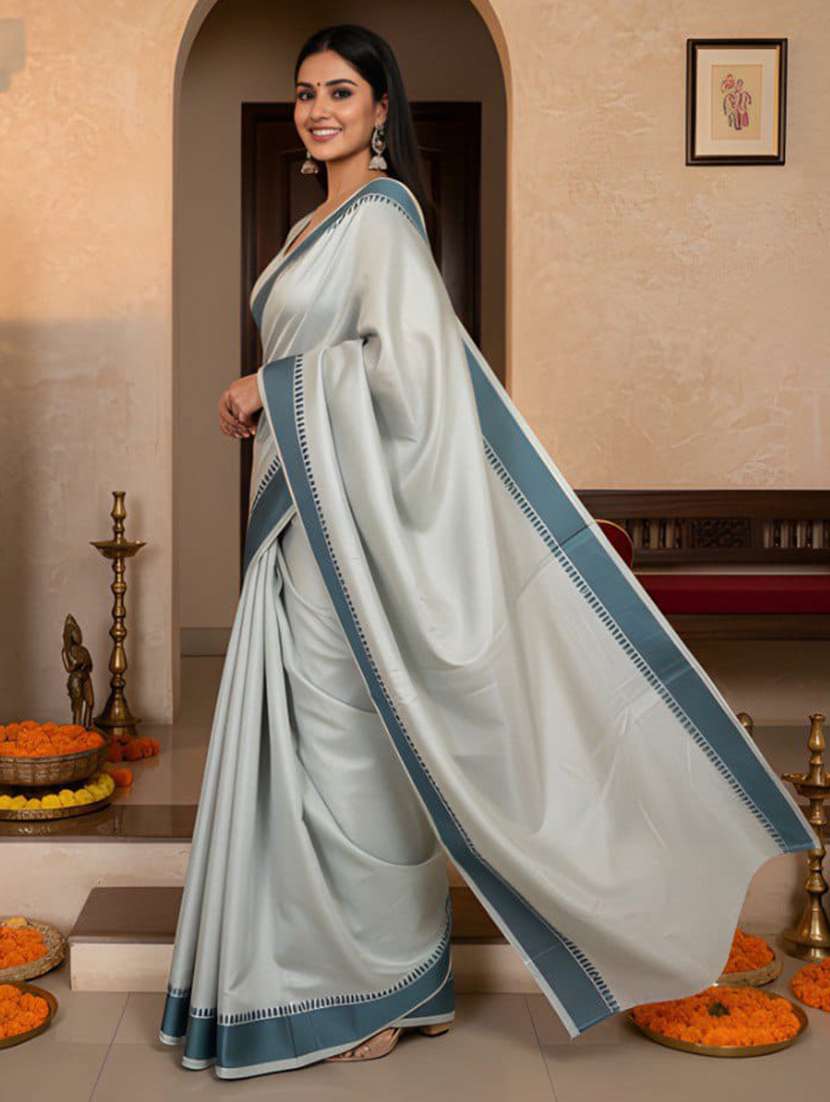 women solid with bordered saree with blouse - 22395031 -  Standard Image - 3