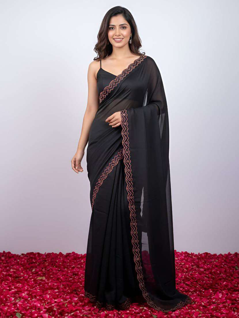 women solid with embellished bordered saree with blouse
