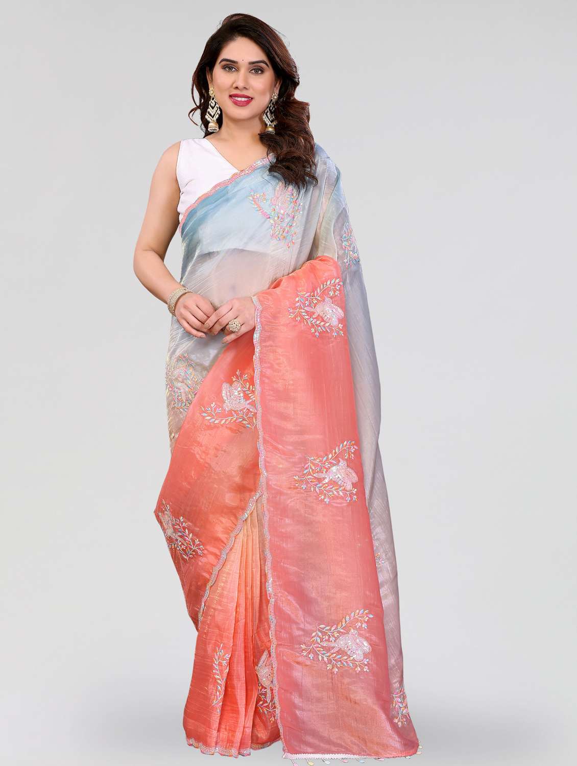 women ombre embroidered saree with blouse