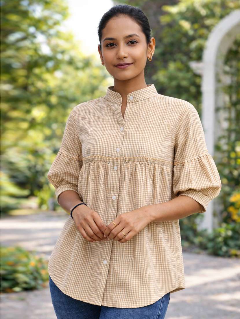 women checkered puff sleeve a-line top