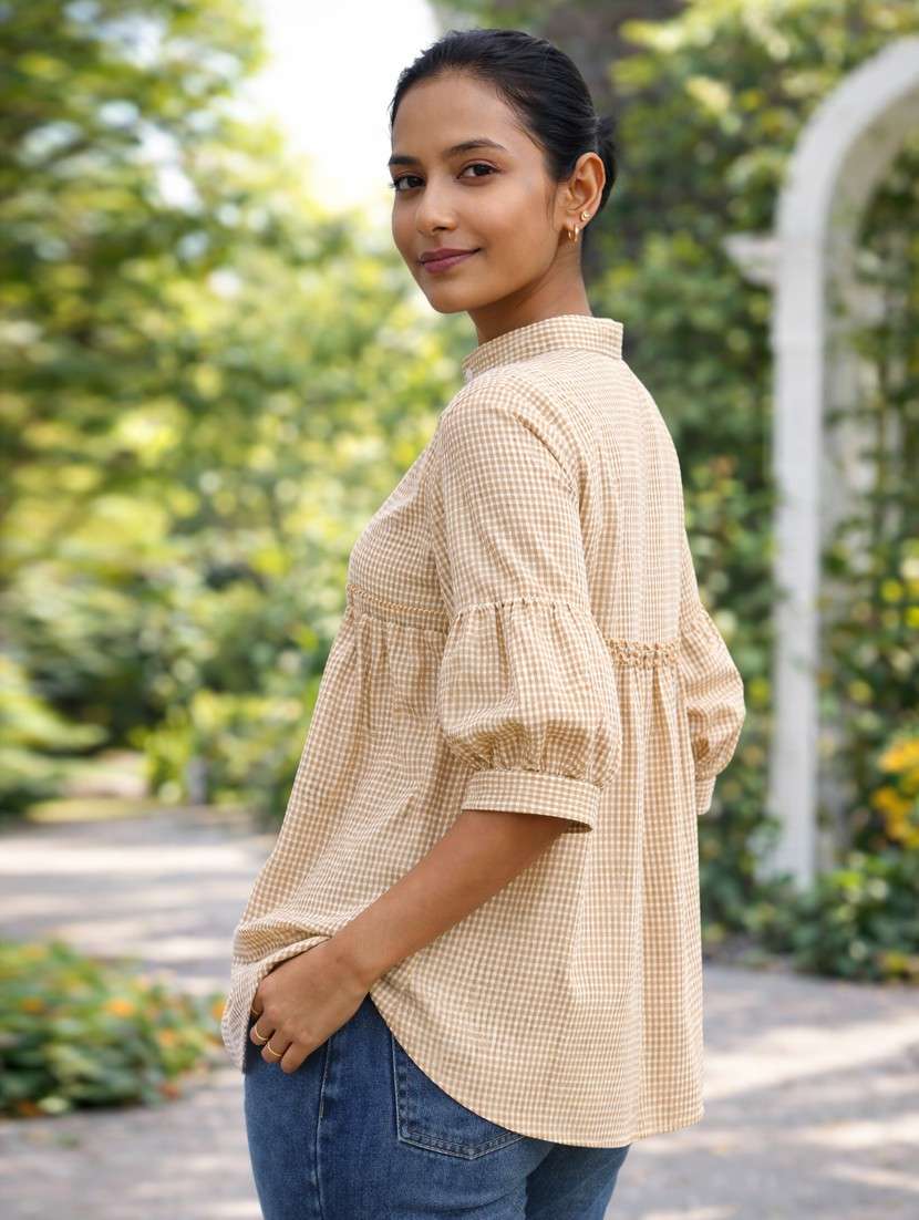 women checkered puff sleeve a-line top - 22395114 -  Standard Image - 3