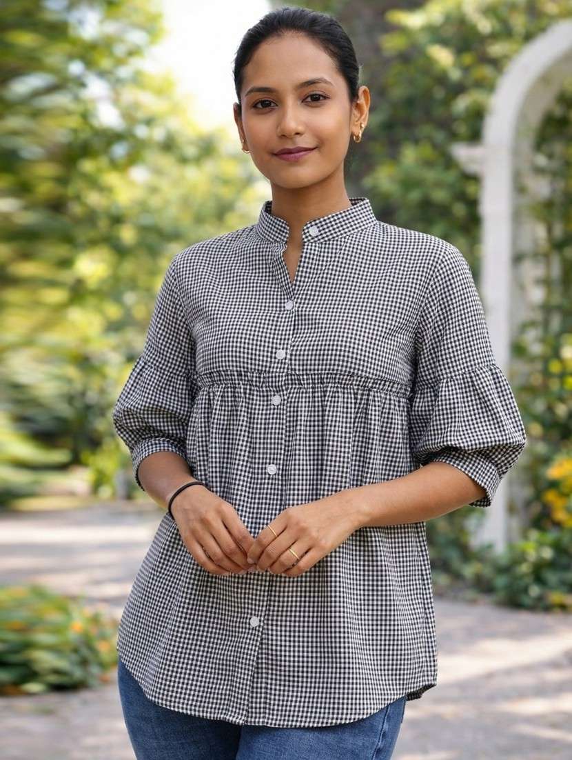 women checkered puff sleeve a-line top