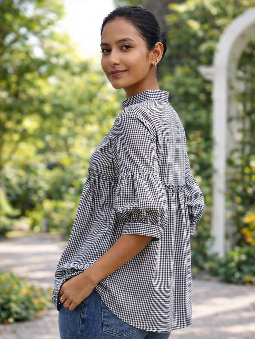 women checkered puff sleeve a-line top - 22395115 -  Standard Image - 3