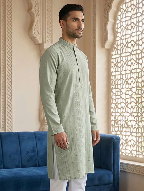 men solid with work mandarin neck long kurta - 22395533 -  Standard Image - 3