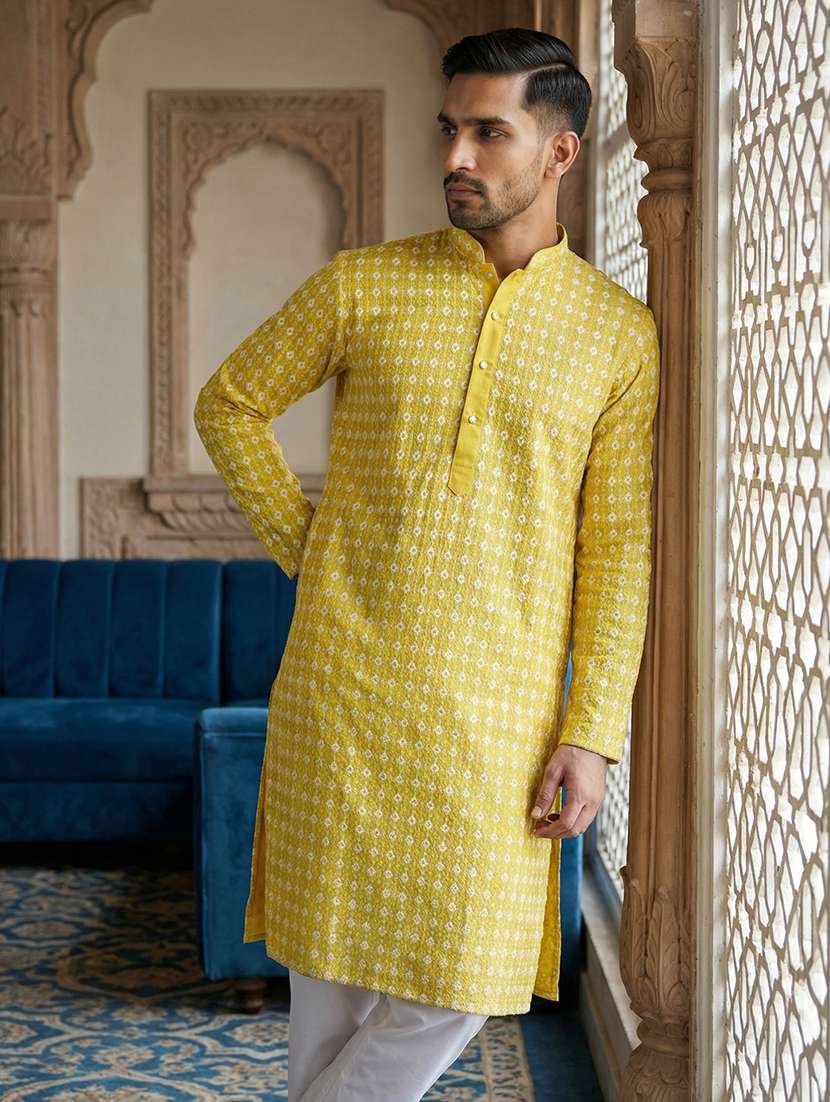 men solid with work mandarin neck long kurta