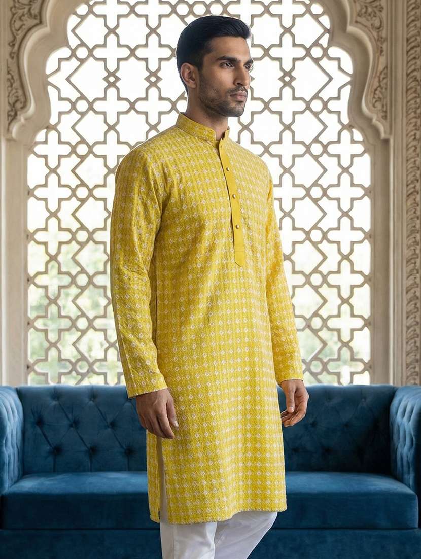 men solid with work mandarin neck long kurta - 22395534 -  Standard Image - 3