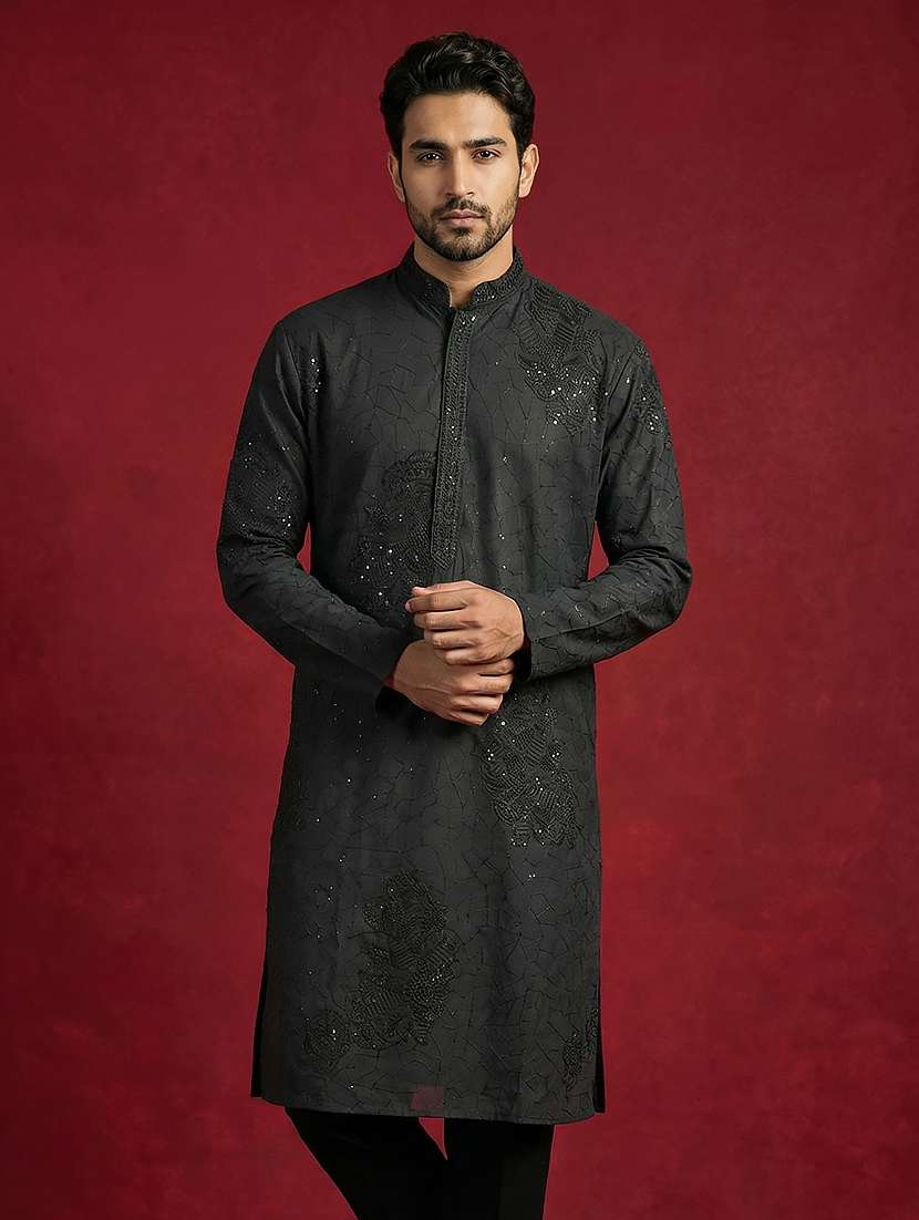 men solid with work mandarin neck long kurta