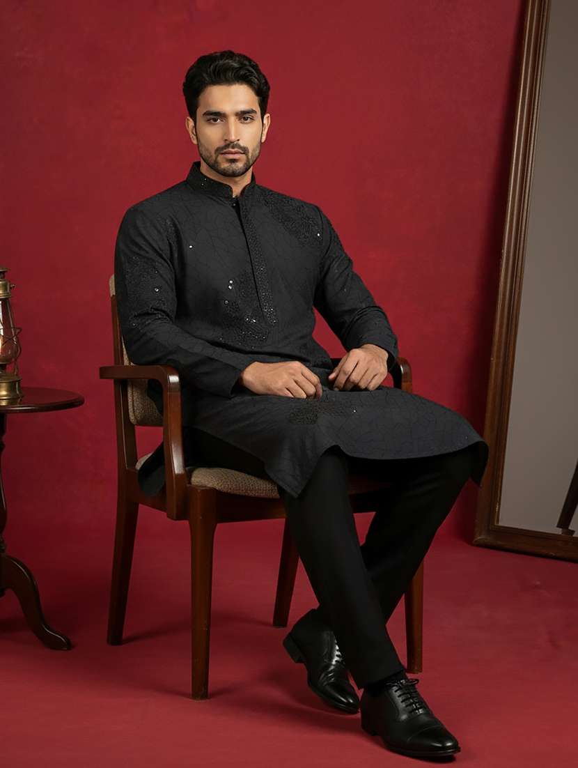 men solid with work mandarin neck long kurta - 22395535 -  Standard Image - 5