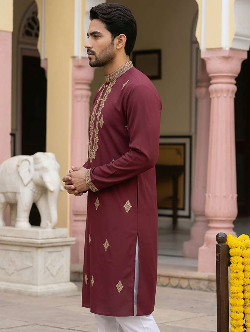 men solid with work mandarin neck long kurta - 22395537 -  Standard Image - 3