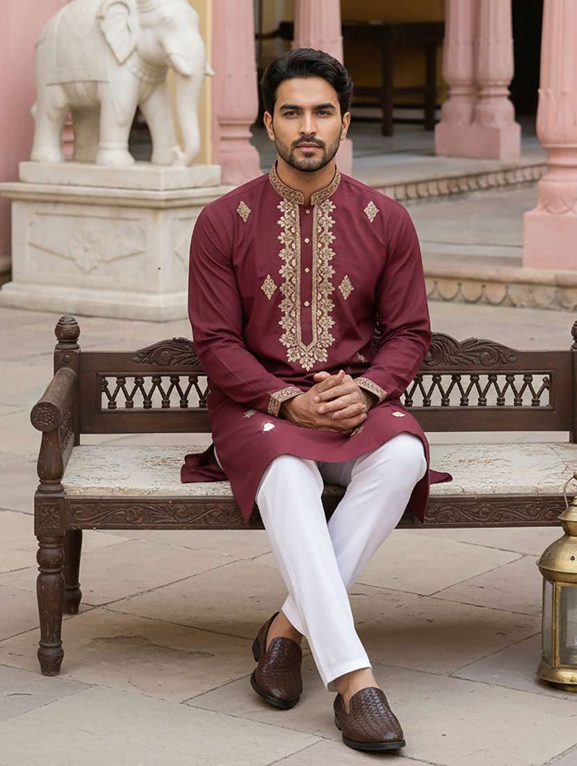 men solid with work mandarin neck long kurta - 22395537 -  Standard Image - 5