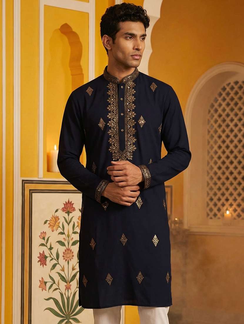 men solid with work mandarin neck long kurta