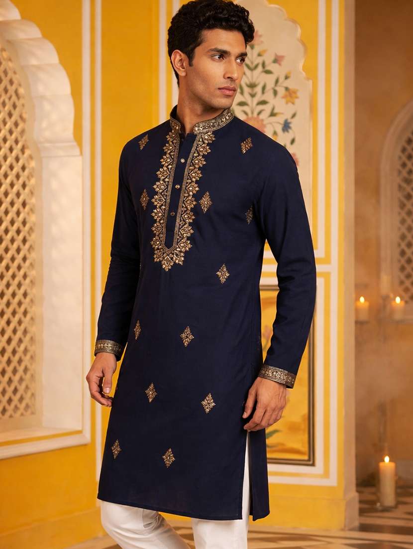 men solid with work mandarin neck long kurta - 22395538 -  Standard Image - 3
