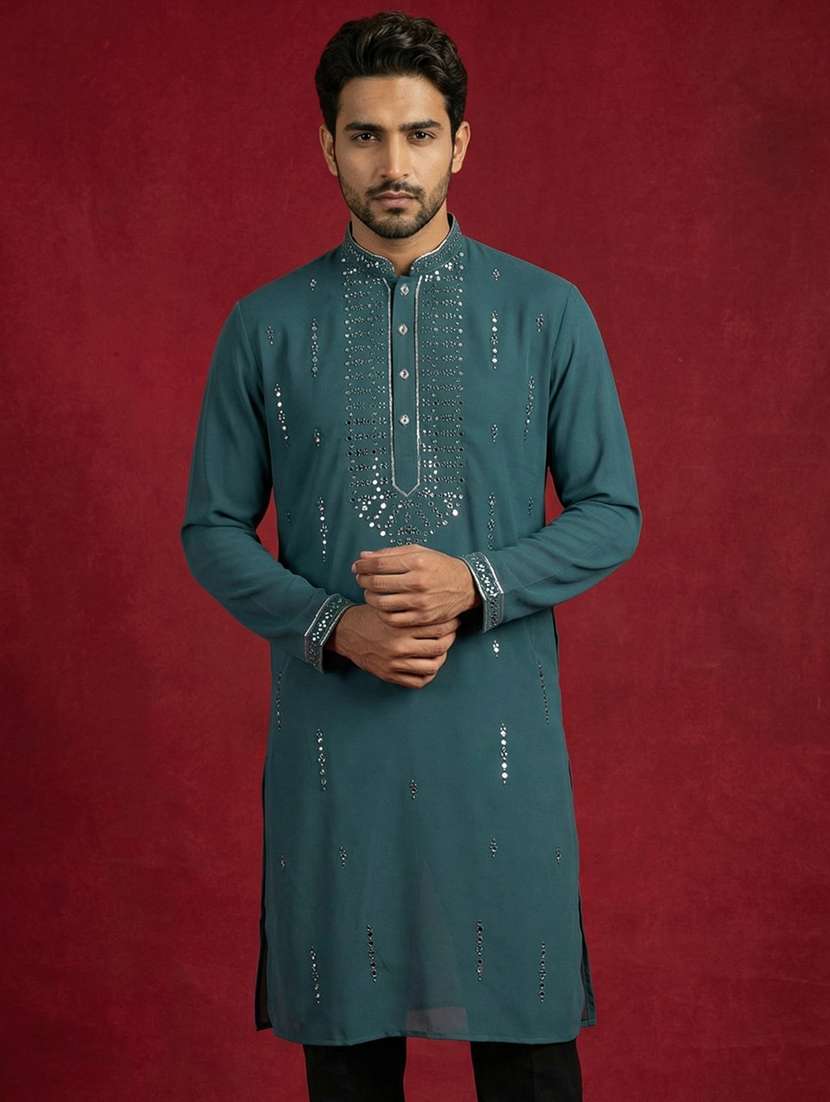 men solid with work mandarin neck long kurta