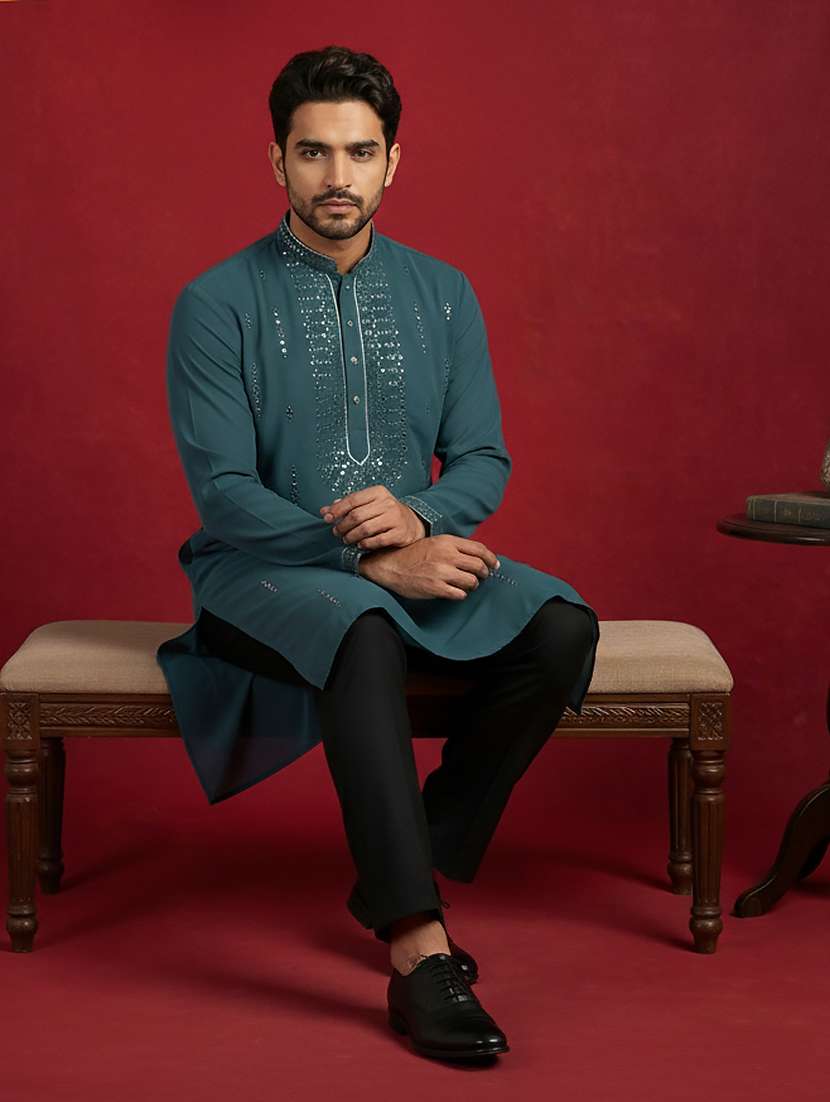 men solid with work mandarin neck long kurta - 22395539 -  Standard Image - 5