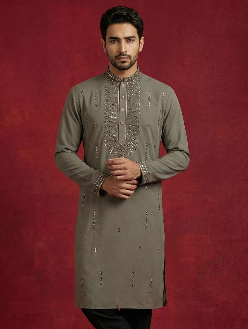 men solid with work mandarin neck long kurta