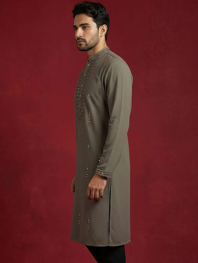 men solid with work mandarin neck long kurta - 22395540 -  Standard Image - 3