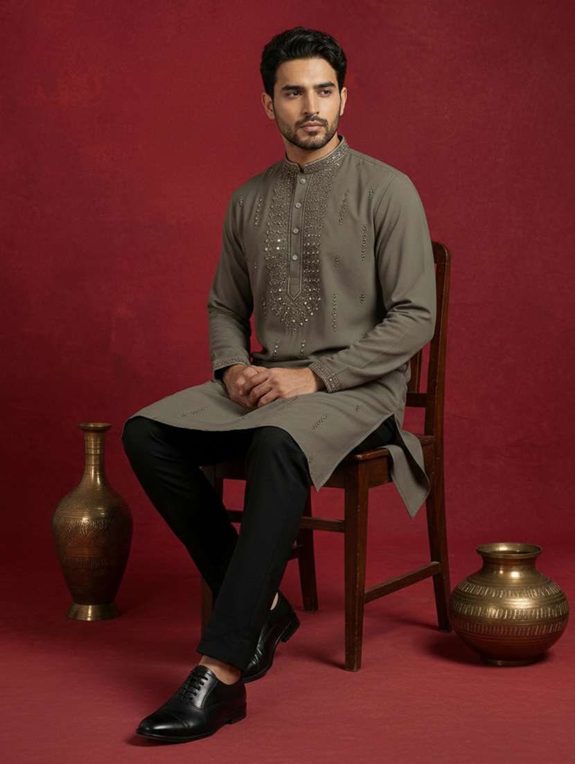 men solid with work mandarin neck long kurta - 22395540 -  Standard Image - 5