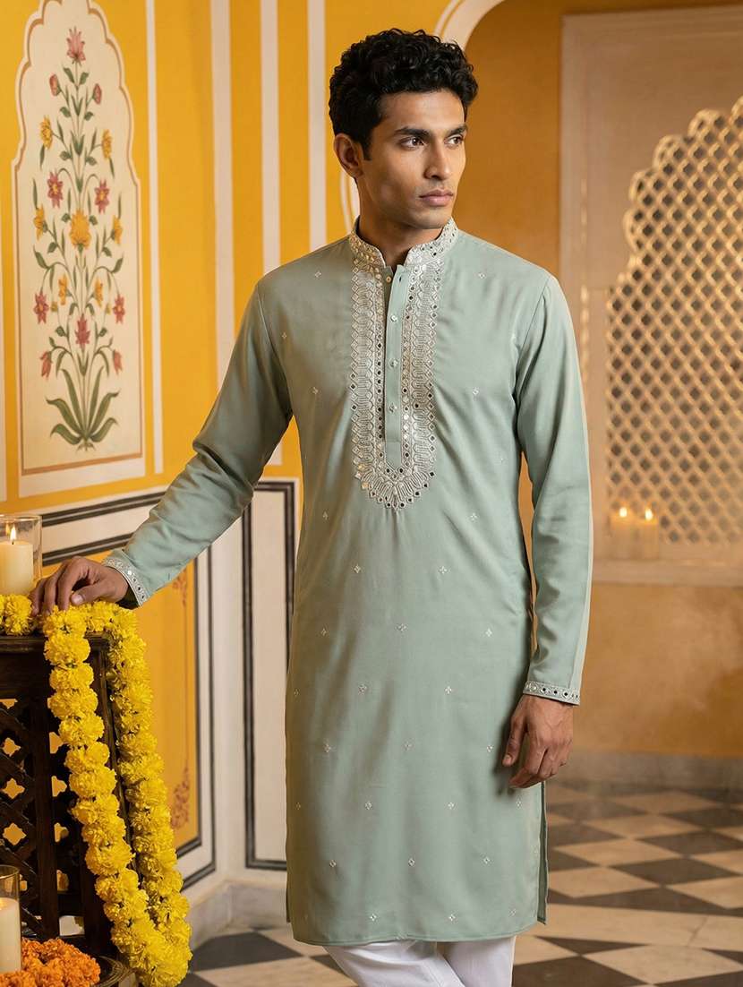 men solid with work mandarin neck long kurta