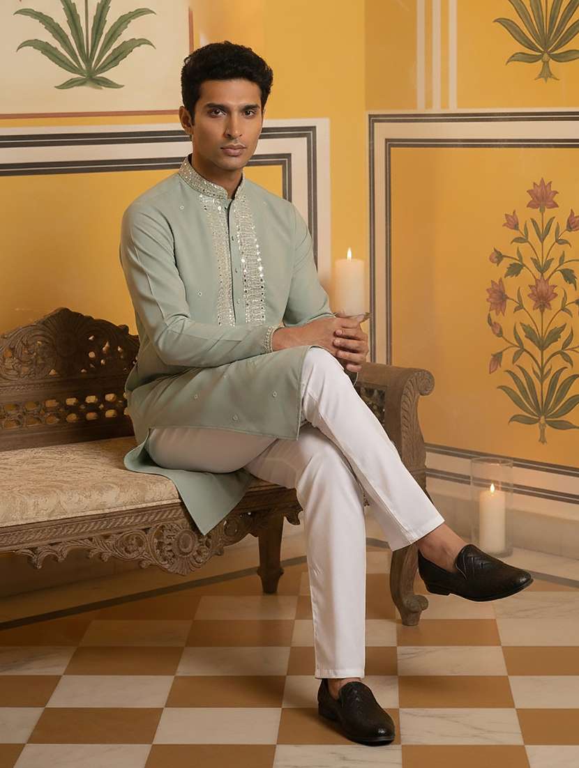 men solid with work mandarin neck long kurta - 22395541 -  Standard Image - 3