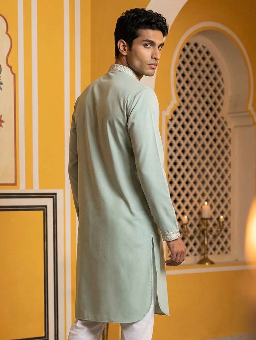men solid with work mandarin neck long kurta - 22395541 -  Standard Image - 5