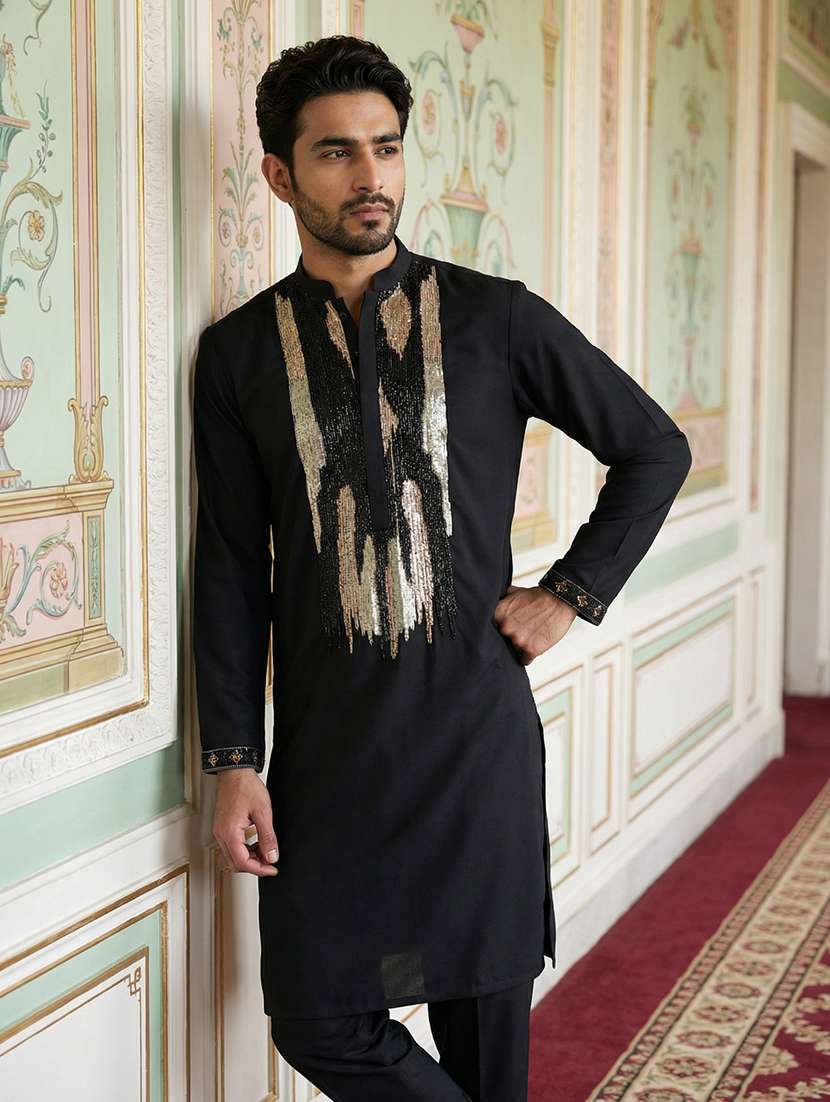men solid with work mandarin neck long kurta