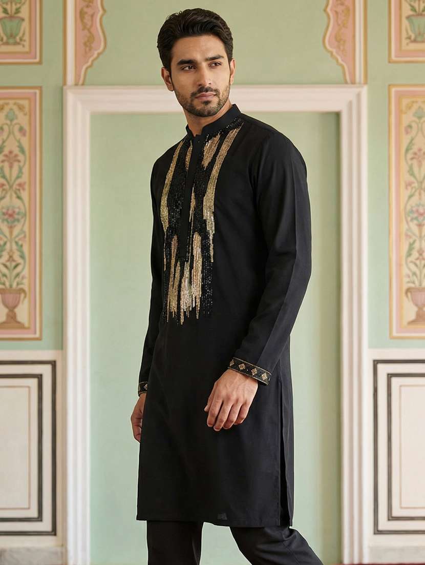 men solid with work mandarin neck long kurta - 22395543 -  Standard Image - 3
