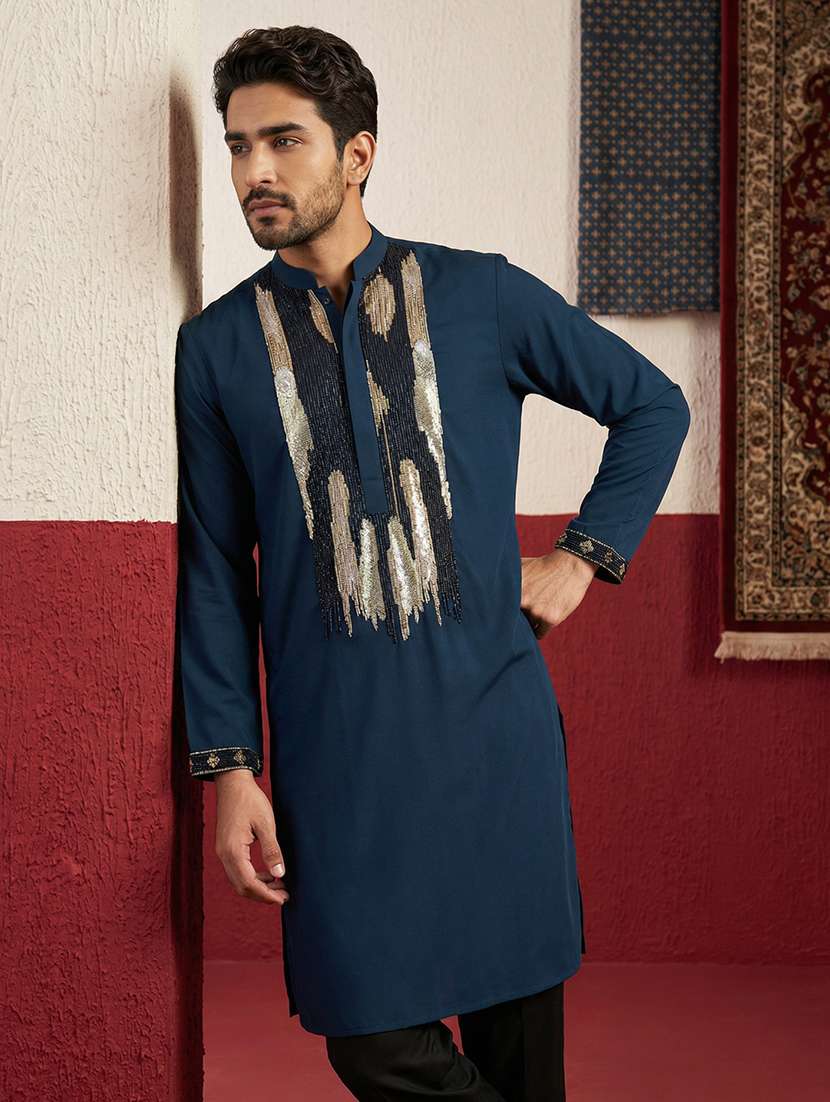 men solid with work mandarin neck long kurta