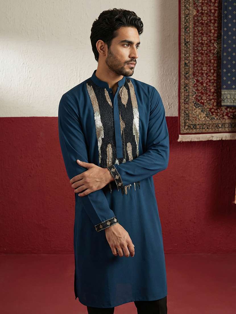 men solid with work mandarin neck long kurta - 22395544 -  Standard Image - 3