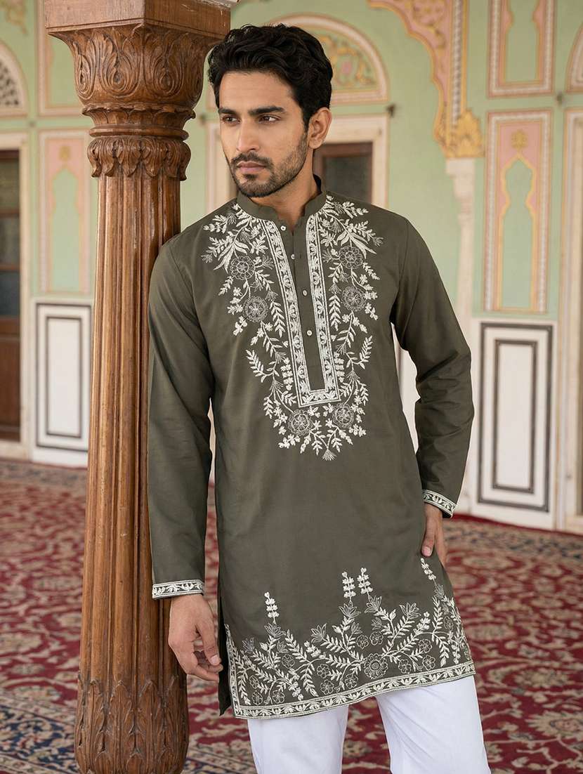 men solid with work mandarin neck long kurta