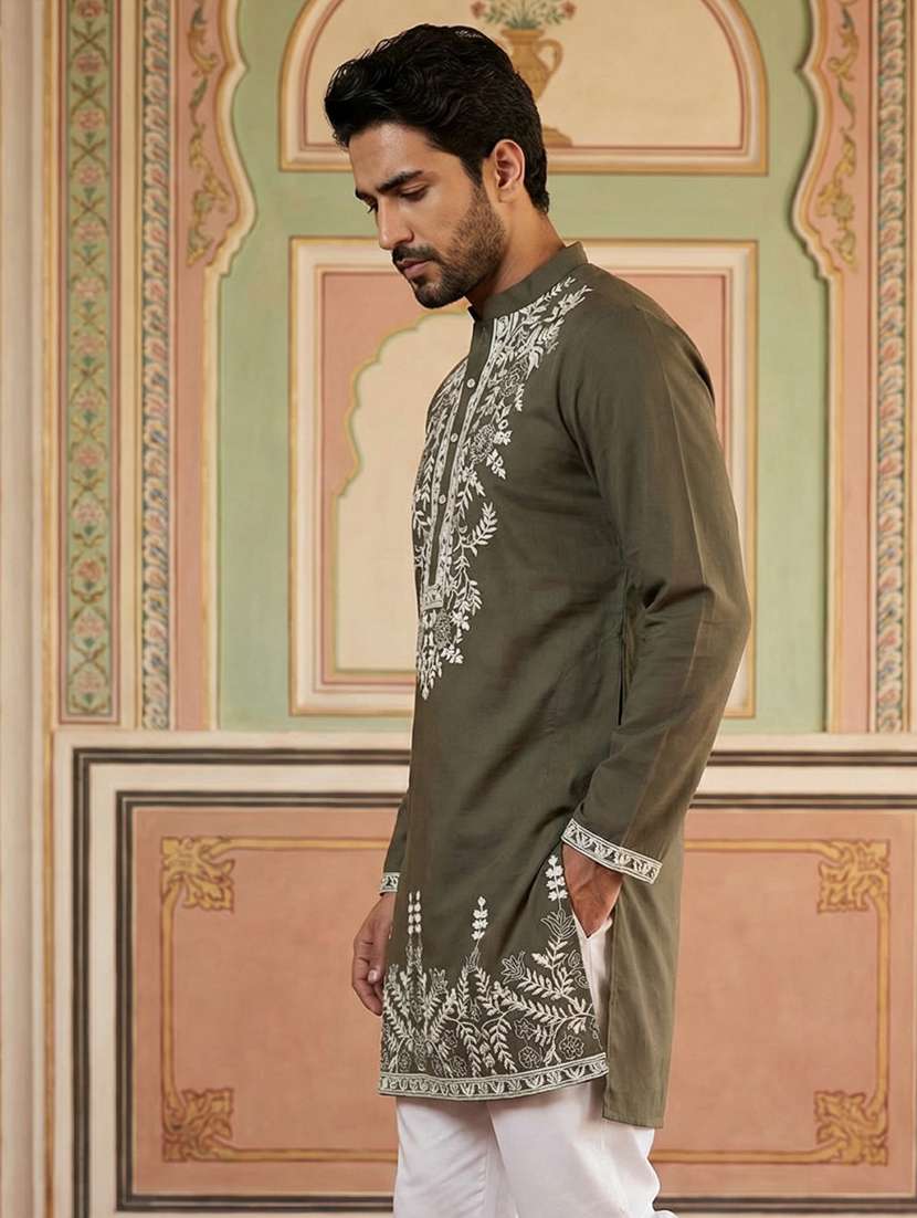men solid with work mandarin neck long kurta - 22395545 -  Standard Image - 3