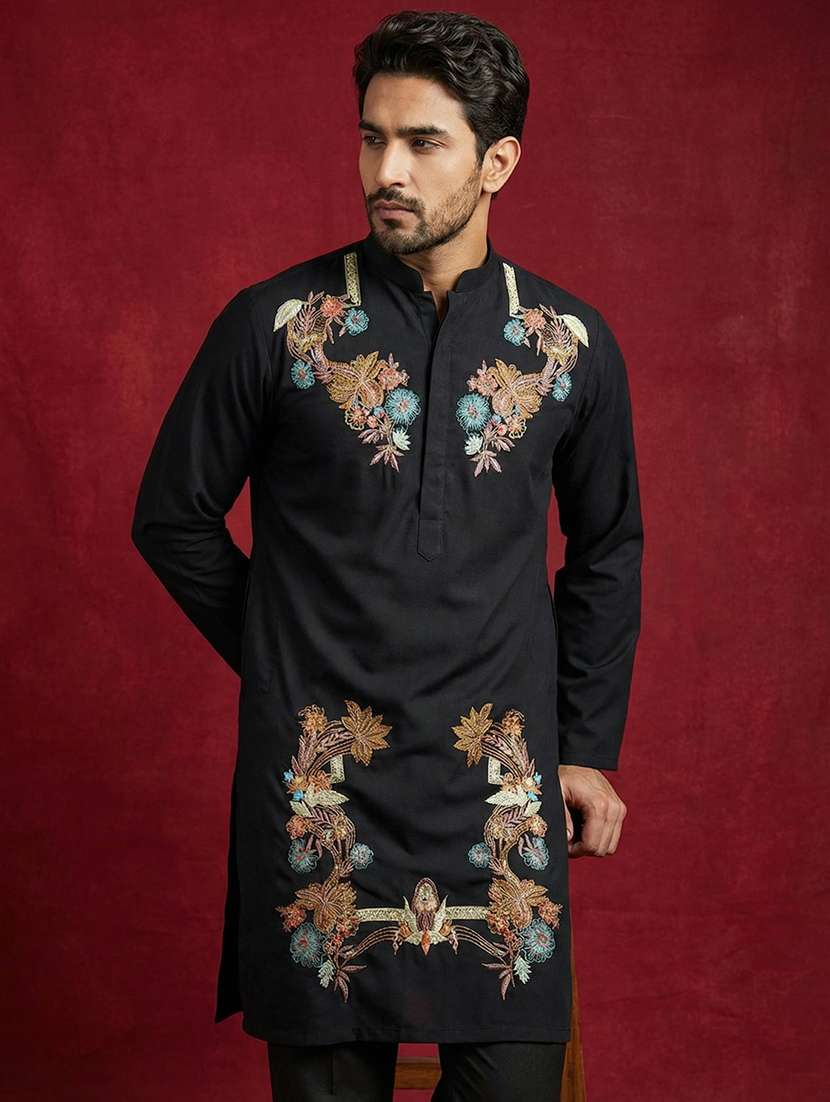 men solid with work mandarin neck long kurta